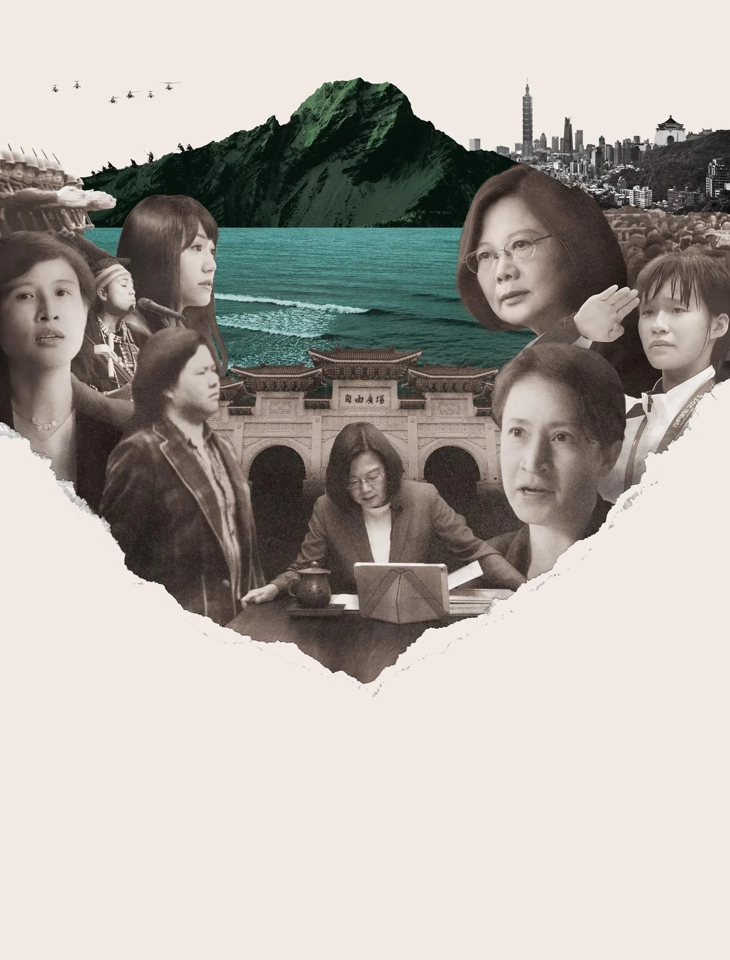 Taiwan theatrical poster for _Invisible Nation_, with a snow-covered main peak of Yushan as the key visual and the figures of Tsai Ing-wen and several Taiwanese women politicians below the mountain