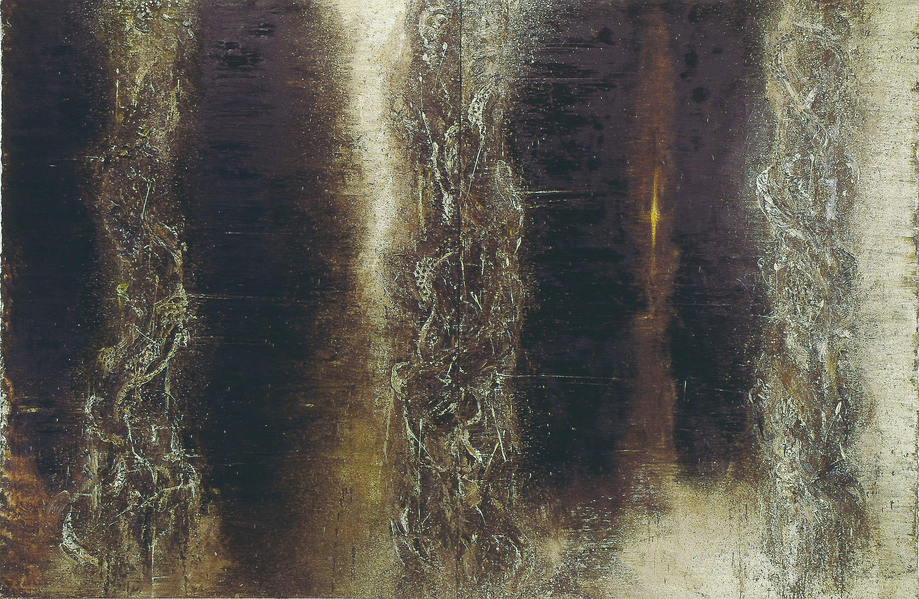 江賢二〈百年廟〉系列其中一幅,1998 — 沉鬱黑底上幾道銅金色的光從畫面深處浮出來,廟柱被無數雙手摸過、被幾百年香煙燻過慢慢長出來的顏色