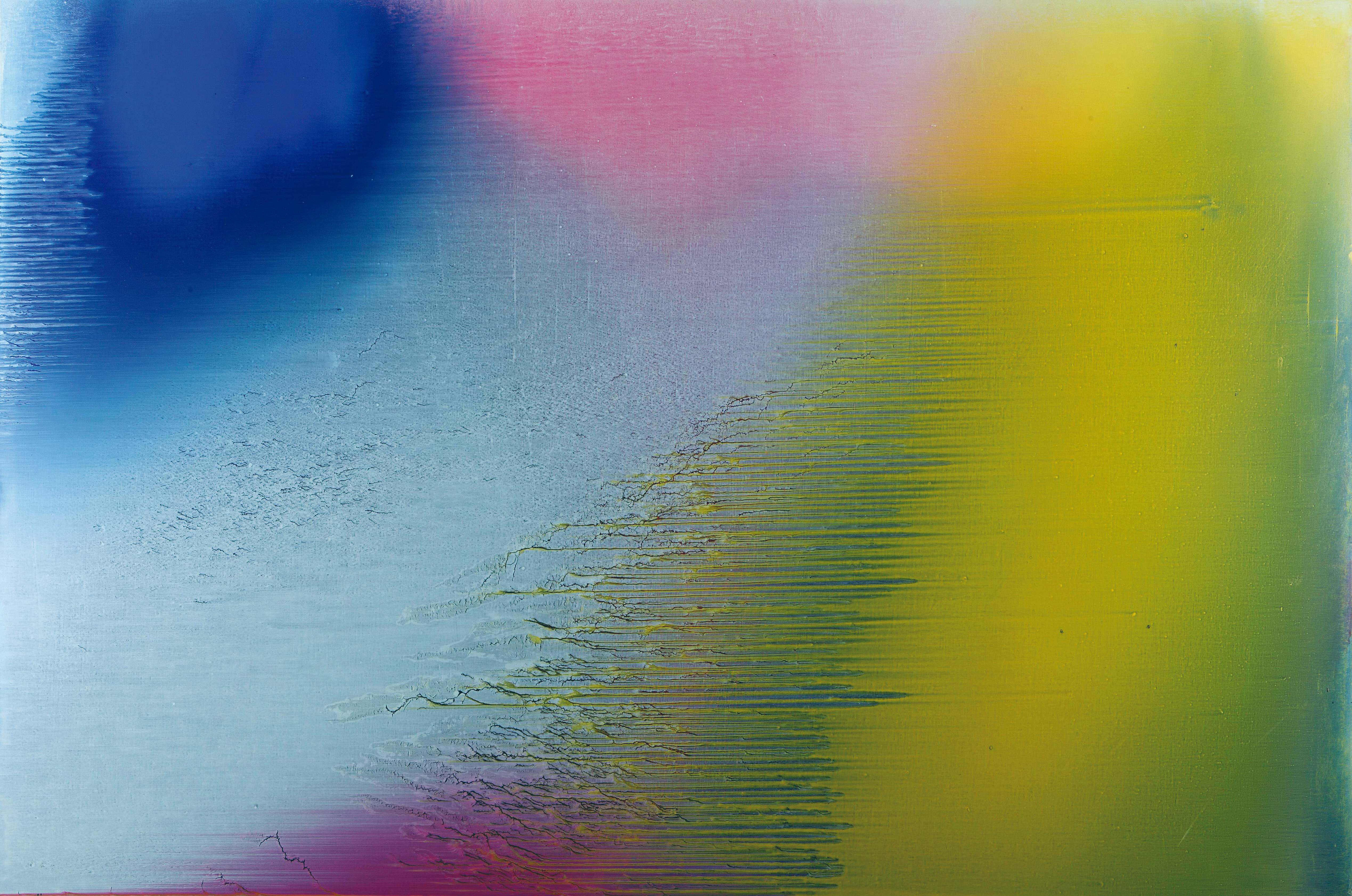 江賢二〈比西里岸之夢〉系列其中一幅,2010 — 藍、粉、黃的色塊像太平洋的早晨,跟阿美族語「放羊之地」的山坡並存