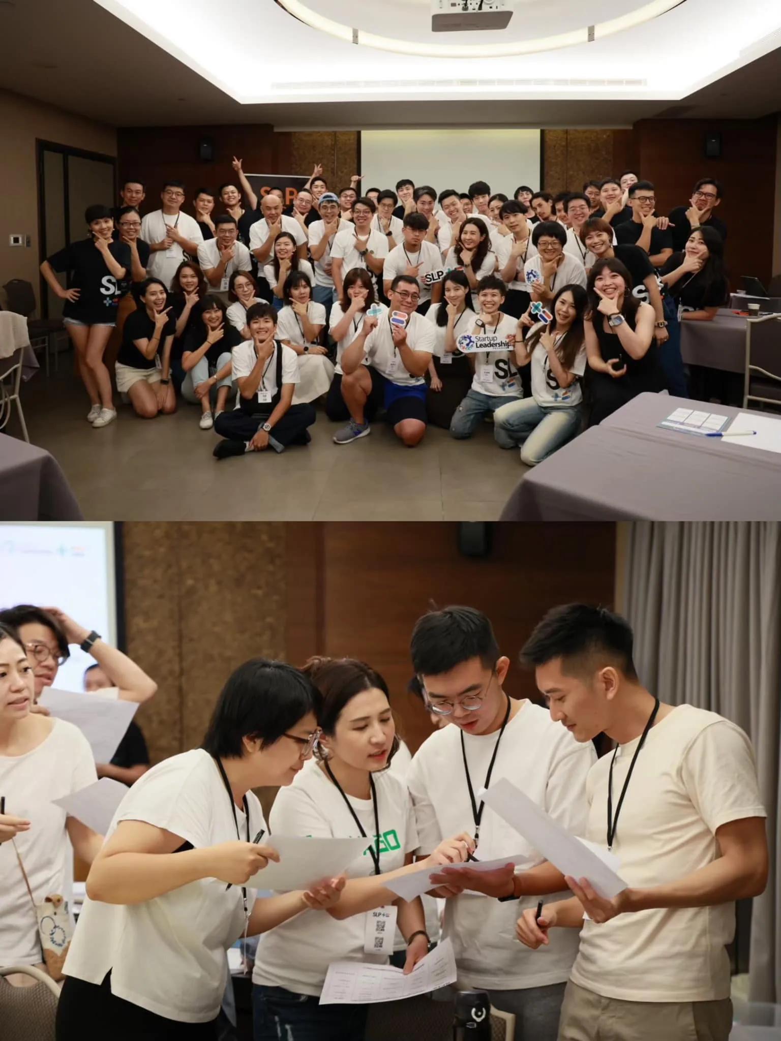 SLP Cohort 12 consensus camp group photo, participants in team shirts at a hotel conference room; lower half shows a close‑up of a small‑group discussion