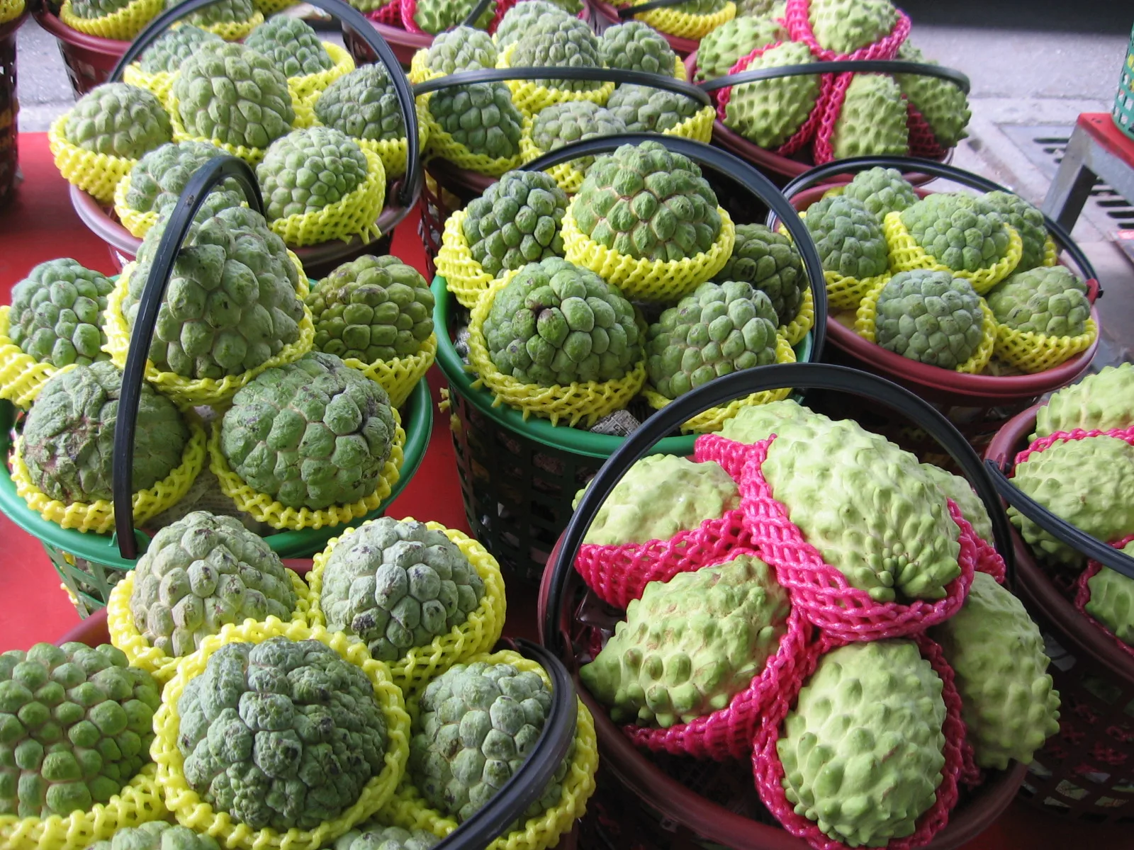 A anona (fruta-do-conde) do Condado de Taitung, com casca escamosa distinta, empilhada em cestos de colheita