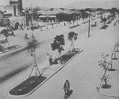 1932 年的敕使街道。中央分隔島種樟樹、兩側人行道種楓香,是台灣第一條現代化都市計畫道路。