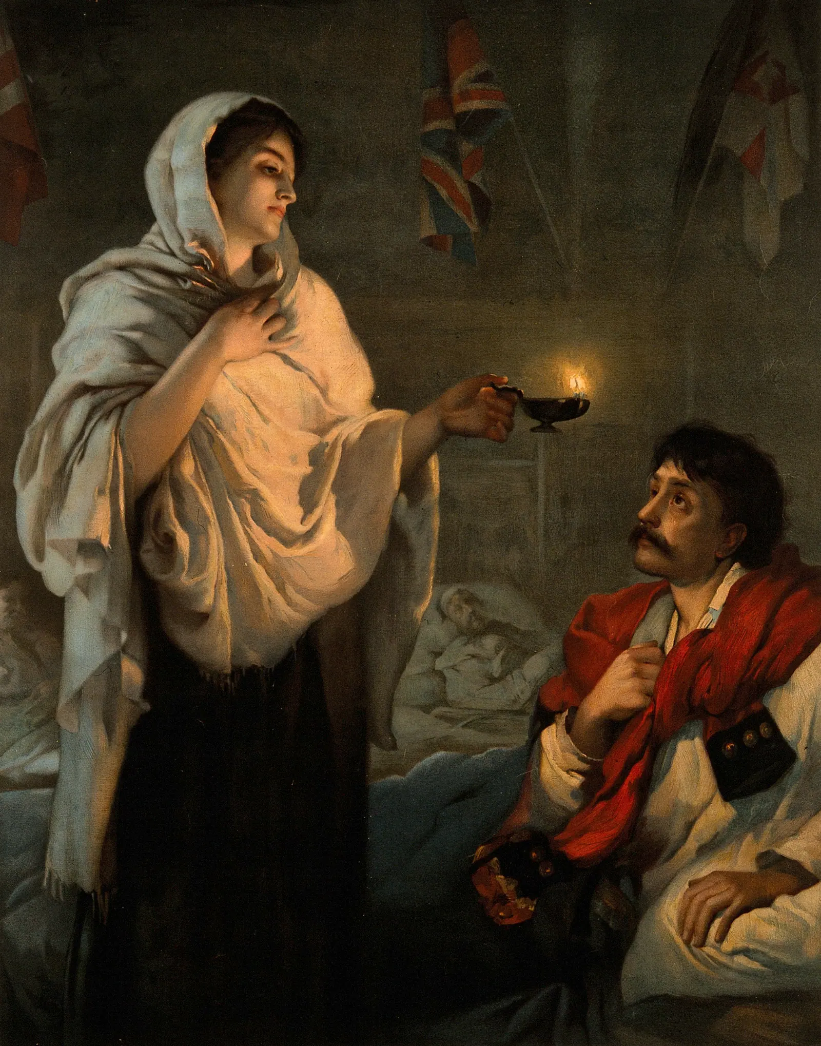 Litografia colorida, Florence Nightingale com uma lanterna de óleo inspecionando soldados feridos entre leitos em um hospital militar na Guerra da Crimeia, a imagem clássica da Senhora da Lanterna