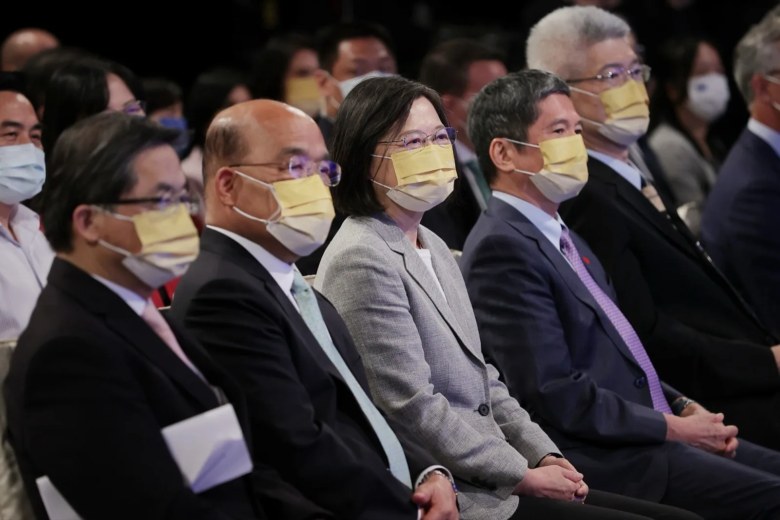 La présidente Tsai Ing-wen prononce un discours lors de la conférence de presse de lancement de la chaîne TaiwanPlus de PTS, le 3 octobre 2022, date du lancement officiel de la chaîne internationale anglophone 24h/24