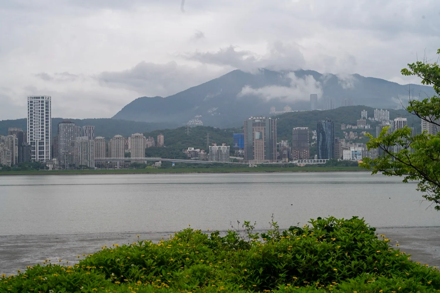 Residential high-rise buildings in Tamsui, New Taipei City, dense apartment blocks tightly arranged, presenting a typical urban high-rise collective housing landscape in Taiwan