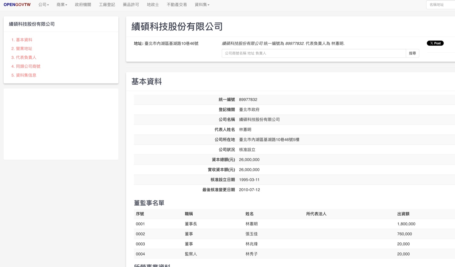 績碩科技股份有限公司的工商登記,代表人林憲明,董監事為林家四名成員