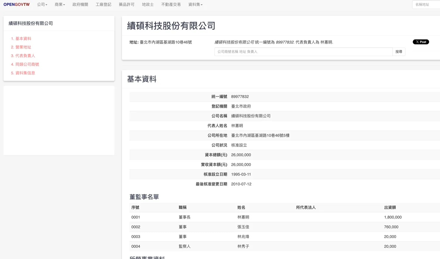 績碩科技股份有限公司的工商登記,代表人林憲明,董監事為林家四名成員