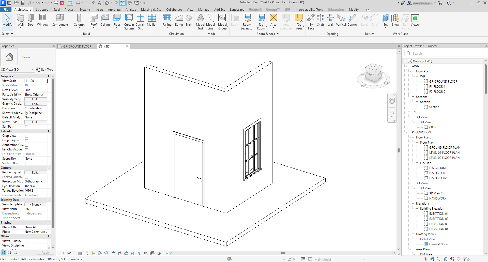Autodesk Revit 2024 操作畫面截圖,顯示一道簡單的隔間牆連同門窗在三維空間中的物件化呈現,左側為元件屬性面板,右下為平面、立面、剖面三視圖即時同步預覽,反映 BIM 軟體的物件導向建模本質