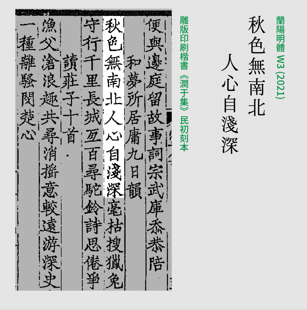 justfont 釋出的蘭陽明體與《澗于集》雕版字形對照圖,同一批字並列呈現雕版原樣與數位轉譯後的明體骨架